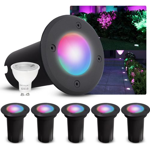 SSC-LUXon 6er-Set LED Bodeneinbaustrahler KALPA rund schwarz Bodenleuchte IP67 trittfest & befahrbar Smart LED RGB+W dimmbar