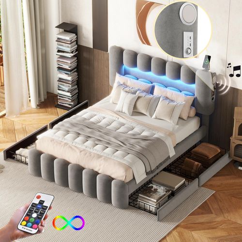 140 x 200 Polsterbett, Polsterbett mit 4 Schubladen, Polsterbet Bett mit LED-Lichtleiste mit USB und Stereoanlage, Grau