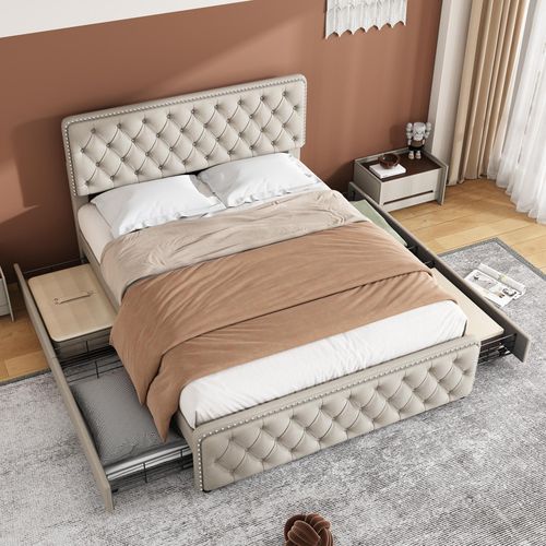 Polsterbett 180 x 200cm, Doppelbett mit vier Schubladen, höhenverstellbares Kopfteil, Lattenrost aus Holz, Leinen, Beige
