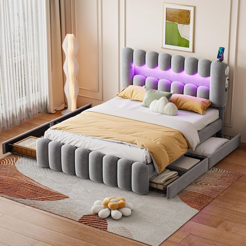 Polsterbett, 160 x 200cm, Ohne Matratze, Polsterbett mit 4 Schubladen, Polsterbet Bett mit LED-Lichtleiste mit USB und Stereoanlage, Samt, Grau