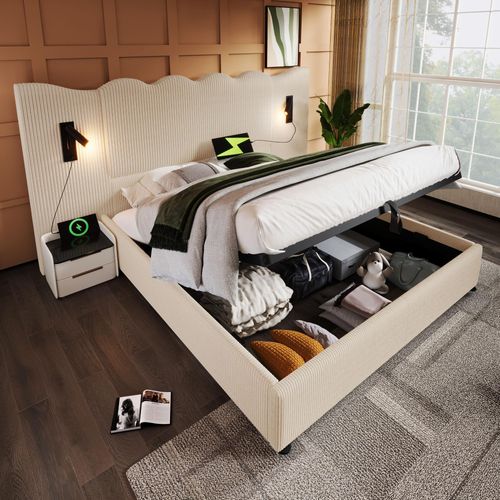 Polsterbett Doppelbett 180×200 mit Leselampe und USB Type-C , Stauraumbett, Beige-Weiß, Cordstoff Ohne Matratze