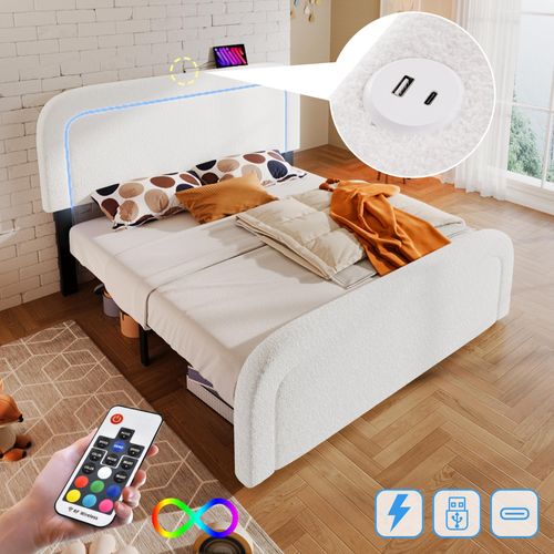 Bettgestell mit USB Typ C LED-Beleuchtung, Doppelbett Polsterbett 140x200cm, Höhenverstellbarem Kopfteil, Sherp-Weiß Ohne Matratze