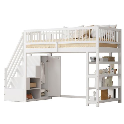Hochbett 90 x 200,Hochzaun-Sicherheitsdesign mit Kleiderschrank,Regalen und Stauraum mit Sicherheitskletterleiter,Multifunktionsbett,Massivholzbett