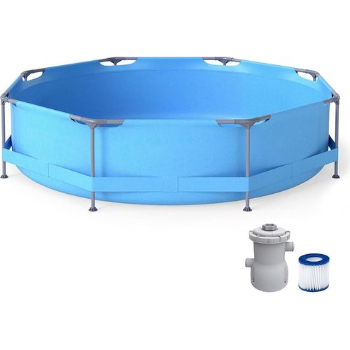 GOPLUS Pool mit Filterpumpe, PVC Schwimmbad mit Metallrahmen & Bodenablauf & rutschfesten Fußpolstern, Outdoor-Schwimmbecken, blau(360 x 360 cm)