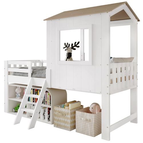 Kinderbett,Halbhohes Bett,Hausbett mit Dach und Fenster,Vierseitiger Zaun,mit kleine Treppe,Freier Stauraum unter dem Bett,Kiefer+MDF+Sperrholz