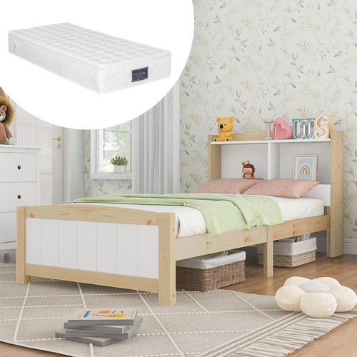 Massivholz Einzelbett Stauraum-Kopfteil Bett,90 x 200 cm ,Kinderbett JugendbettMit Matratze