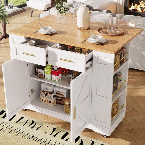 Küchenschrank/Buffetschrank mit Stretchfächern & Holzoptik, weiß