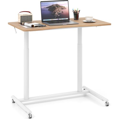 Mobiler Stehschreibtisch, höhenverstellbarer Sitz-Steh-Schreibtisch mit arretierbaren Rädern & Metallrahmen, rollender Laptop-Schreibtisch, Natur