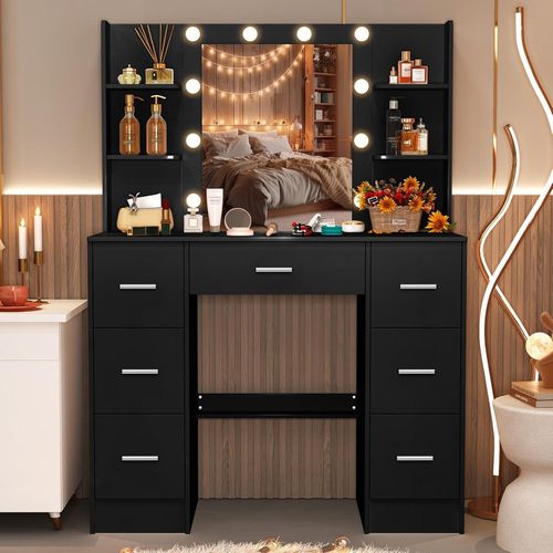 Schminktisch mit LED-Beleuchtung und Spiegel Schwarz 100x40x140cm