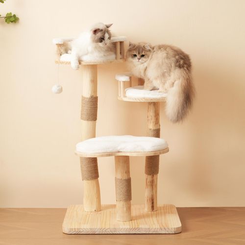 okwish Katzenbaum mit 3-stufiges Sprungbrett,Katzenklettergerüst mit abnehmbare Kissen und Spielbälle,Katzenklet Wolkenoptik-Imitation,Grau