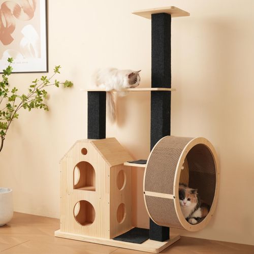 okwish Katzenbaum mit Laufrad,Kratzbaum mit 4 Plattformen und 2 Katzenhäusern,Sisalpfosten&waschbaren Kratzmatten,für große Katzen&Kitten,Schwarz