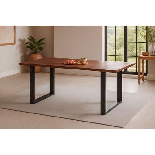 Esstisch Baumkante massiv Akazie kastaniefarben 180 x 90 cm U-Gestell schwarz ROXANA