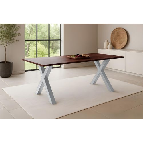 Esstisch 180x90cm Akazie massiv kastanienfarben schweizer Kante X-Gestell silber RITA