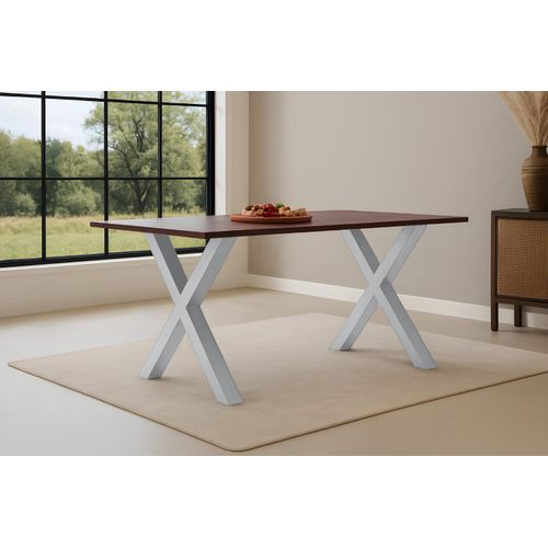 Esstisch 140x80cm Akazie massiv kastanienfarben schweizer Kante X-Gestell silber RITA