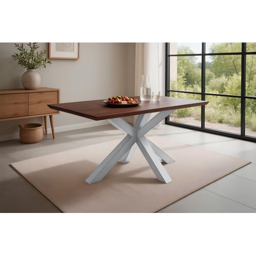 Esstisch 120x80 cm Akazie massiv kastaniefarben Schweizer Kante Spider-Gestell silber RITA