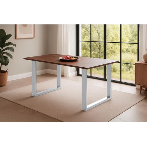Esstisch 140x80 cm Akazie massiv kastaniefarben Schweizer Kante U-Gestell silber RITA