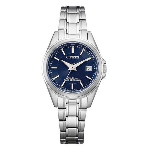 Funkuhr CITIZEN, silber (silberfarben), Armbanduhren, Damen, Armbanduhr, Damenuhr, Solar, Lederarmband, Saphirglas, Datum