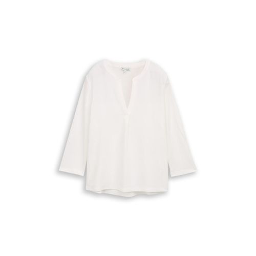 TOM TAILOR Damen Henley Langarmshirt im Material-Mix, weiß, Uni, Gr. S