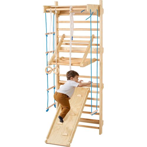 VEVOR schwedisches Leiterwand, 8 in 1 15-stufiges Indoor-Klettergerüst, 100 kg belastbares Wand-Stangen-Kletterspielset mit Wandleiter Rutschbrett Klimmzugstange Turnringen Schaukelsitz Strickleiter