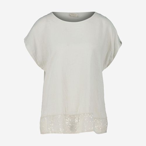 Beigefarbene Bluse aus Leinenmischung mit Pailletten