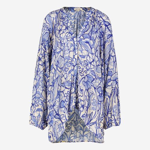 Blaue Bluse mit Knopfleiste und Blumenmuster