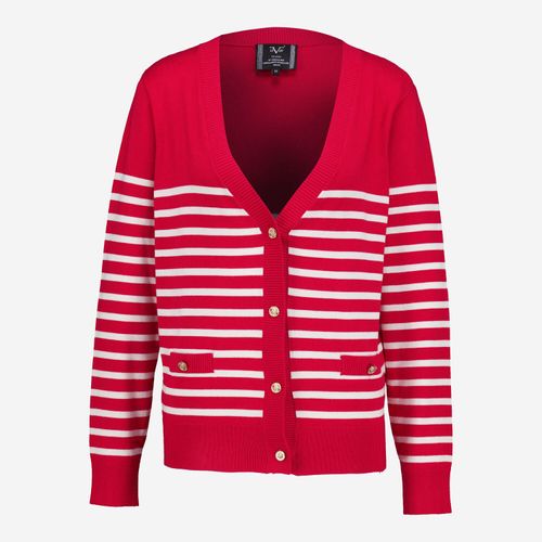 Rote Strickjacke mit weißem Streifenmuster