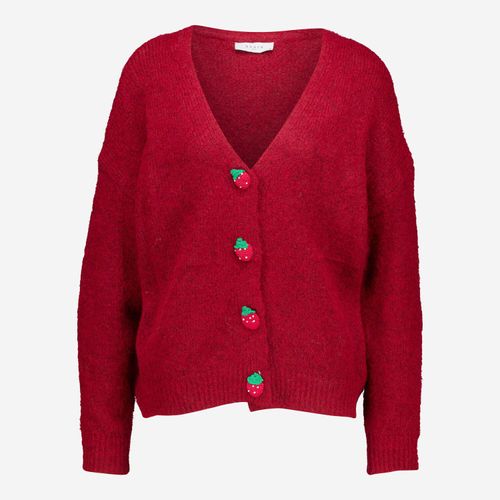 Rote Strickjacke mit Erdbeer-Knöpfen