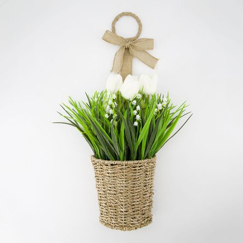 Mehrfarbige Kunsttulpen in Blumenampel 25x27cm
