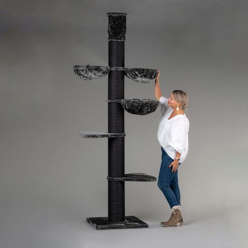 RHRQuality Kratzbaum für große Katzen – Maine Coon Tower Plus – 235 bis 255 cm hoch – mit extra dicken 20 cm Sisalstämmen – Blackline Dunkelgrau