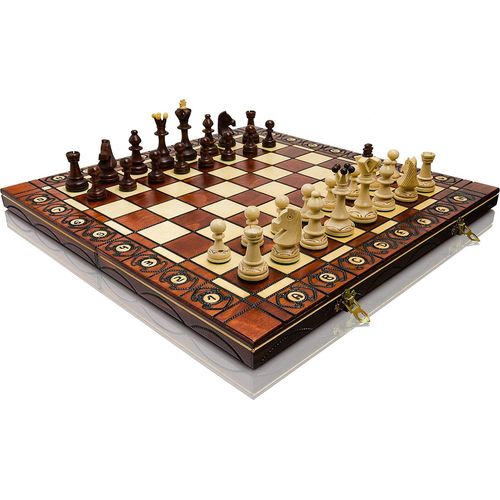 Großen SENATOR 41cm x 41cm aus Holz Schachspiel. Ornamente auf Schach verbrannt Board und Schachfiguren