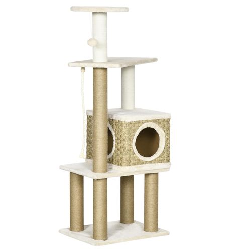 PawHut Kratzbaum, Höhe 128 cm, Katzenbaum mit Katzenhöle, Kletterbaum mit großer Plattform, Raum, Sisalsäule, Spielbaum, Katzenkratzbaum mit Seil, Katzenmöbel, Beige+Gelb