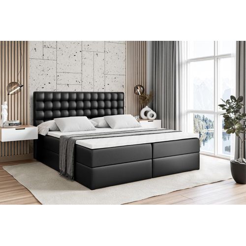 ALTDECOR Boxspringbett mit Matratze und Lattenrost - VIONE - 140x200 cm - Schwarz Kunstleder - Boxbett, Topper, Polsterbett mit Bettkasten, Bett mit Stauraum H3 -Matratze, Doppelbett, Springboxbett Image