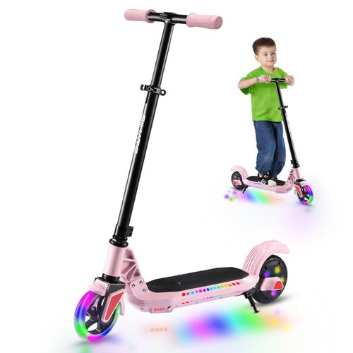 Elektroroller Für Kinder 4–8 Jahren, Kinder Elektroroller mit verstellbarer Höhe, Blitzrad, 110W, bis zu 60 kg, Max 12 km/h, Elektroscooter Rosa
