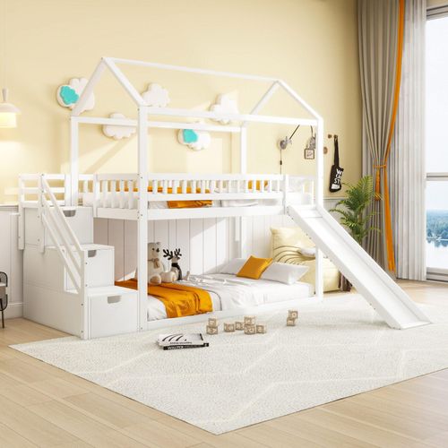 Etagenbett Hochbett 90x200 cm (Ohne Matratze) Kinder mit Rutsche Stauraum Leiter hohe Zaunkonstruktion Massivholzbettrahmen Lattenrost Weiß