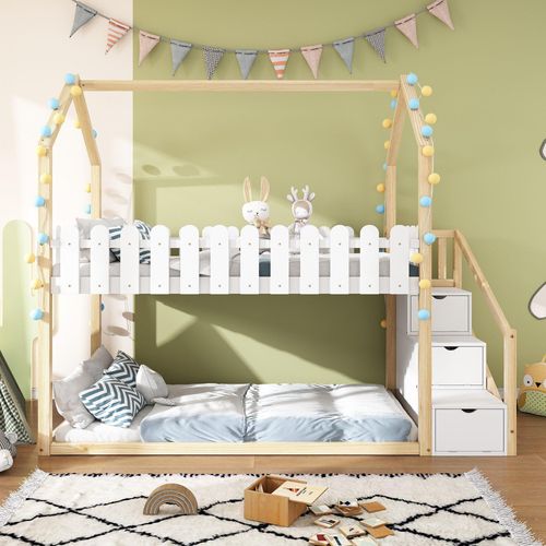 Kinderbett Etagenbett 90x200 cm (Ohne Matratze) mit 3 Ablagefächer mit 3 Treppen mit Zaundekor massivholz Weiß+Natur