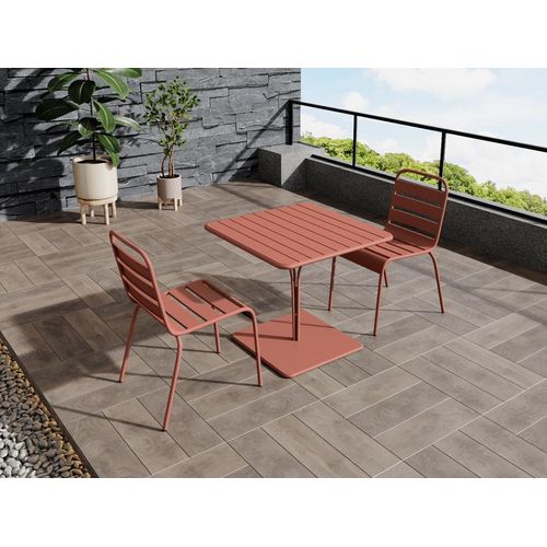 Garten-Essgruppe: Tisch L. 80 cm + 2 stapelbare Stühle - Metall - Terracotta - MIRMANDE von MYLIA