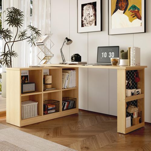 Merax Schreibtisch L-förmiger, mit 6 Fächer, 360° drehbar, Erweiterbarer Arbeitsplatte mit Stecktafel, Regal, Bürotisch, 140 x 104 x 75 cm, Natur