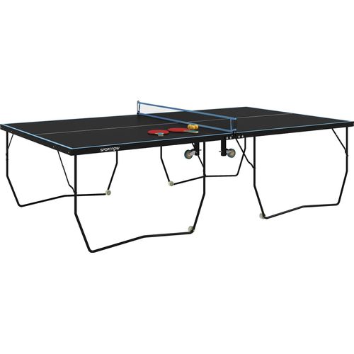 Tischtennisplatte Outdoor, Klappbar Tischtennistsich mit Netz, Rollen, 2 Tischtennisschlägern und 3 Bällen, Stahl, Schwarz, 274 x 152,5 x 76 cm