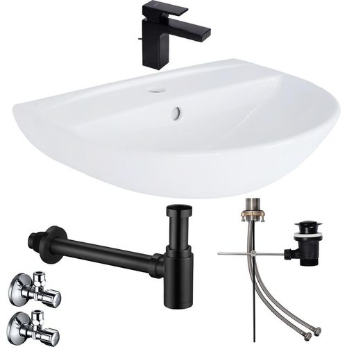 Waschbecken Komplettset Tulpe 50 cm mit Hansgrohe Armatur Ablaufgarnitur schwarz und Siphon + Schell Eckventil