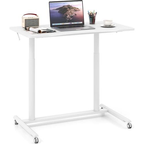 Mobiler Stehschreibtisch, höhenverstellbarer Sitz-Steh-Schreibtisch mit arretierbaren Rädern & Metallrahmen, rollender Laptop-Schreibtisch, Weiß