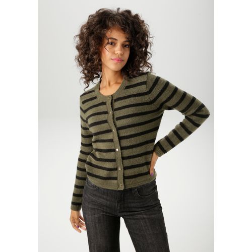 Strickjacke ANISTON CASUAL, Damen, Gr. 36, schwarz (oliv, schwarz), Strick, Obermaterial: 75% Polyacryl, 22% Polyester, 3% Elasthan, geringelt, gestreift, lässig geschnitten kurz, Rundhals, Rippstrickbündchen, Strickjacken, im Streifen-Dessin - NEUE KOLLEKTION