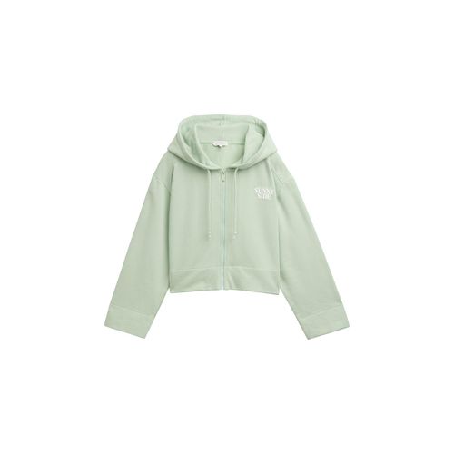 TOM TAILOR DENIM Damen Oversize Hoodie Sweatjacke mit Print, grün, Uni, Gr. S