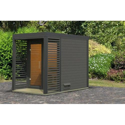 Saunahaus Karibu Sares 1 ohne Ofen mit Fenster und Ganzglastür aus Klarglas anthrazit/terragrau