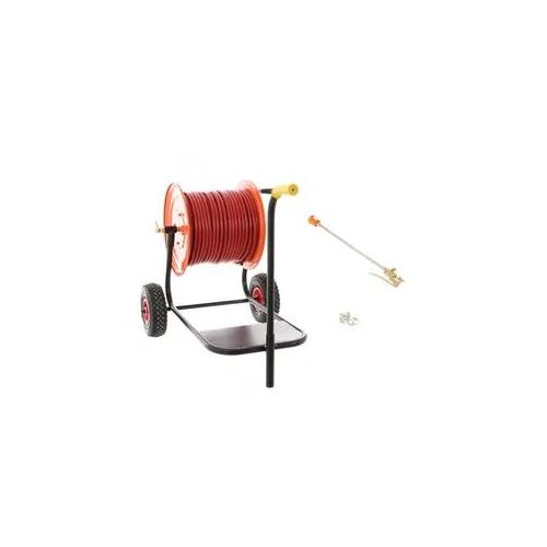 Schlauchhaspel mit Wagen - Epoxidfarbe - Schlauch 100 m - 20 bar - mit Hebellanze aus Messing