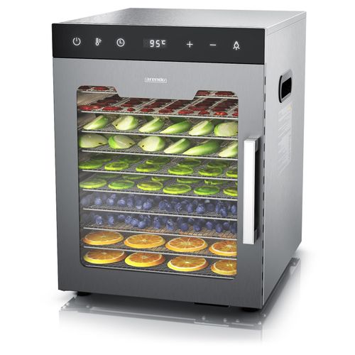 Arendo Dörrautomat Edelstahl, Temperaturregler von 30° bis 90°C, Dörrgerät, Dehydrator, 800 W, 10 Etagen, Obst, Fisch, Fleisch Dörrapparat, Obsttrockner, Timer 0,5-24 Stunden