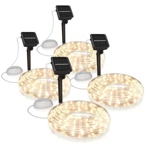 BEARWARE 4x LED-Lichterkette, Solar 10m warmweiß, Innen & Außen, Solarpanel mit Akku, 100 Leds, IP44