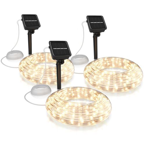 BEARWARE 3x LED-Lichterkette, Solar 10m warmweiß, Innen & Außen, Solarpanel mit Akku, 100 Leds, IP44