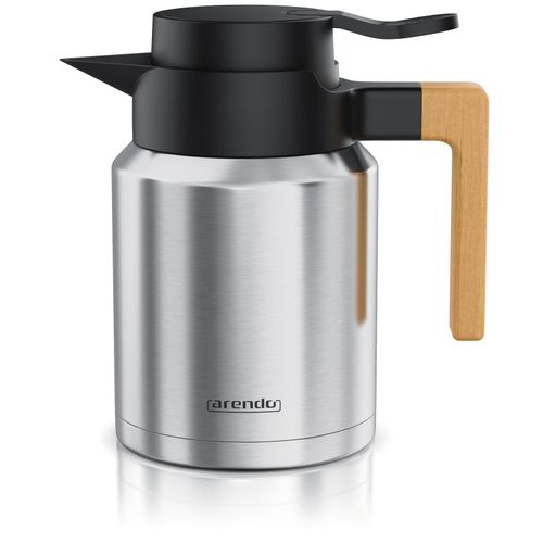 Arendo Isolierkanne 1,2 L, Edelstahl Thermoskanne mit Holzgriff, doppelwandig, auslaufsicher, BPA-frei, 1200 ml, Quick-Tip-Verschluss, Deckel abnehmbar