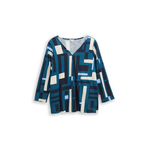 TOM TAILOR Damen Plus Size - Henley Blusenshirt mit Muster, blau, Gemustert, Gr. 48