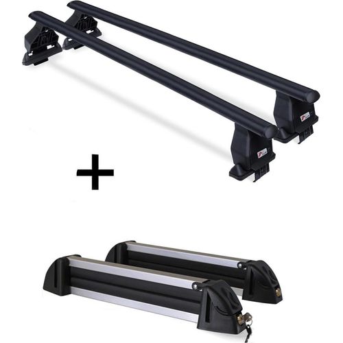 Dachträger Menabo Tema Stahl + Skiträger / Snowboardträger / Skihalter Alu 4 Paar Ski kompatibel mit Peugeot 107 (5Türer) 2005-2014